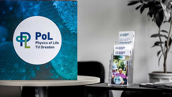 Contact the PoL Office A cardboard stool with the PoL logo on a round table, some leaflets, and a plant in the background