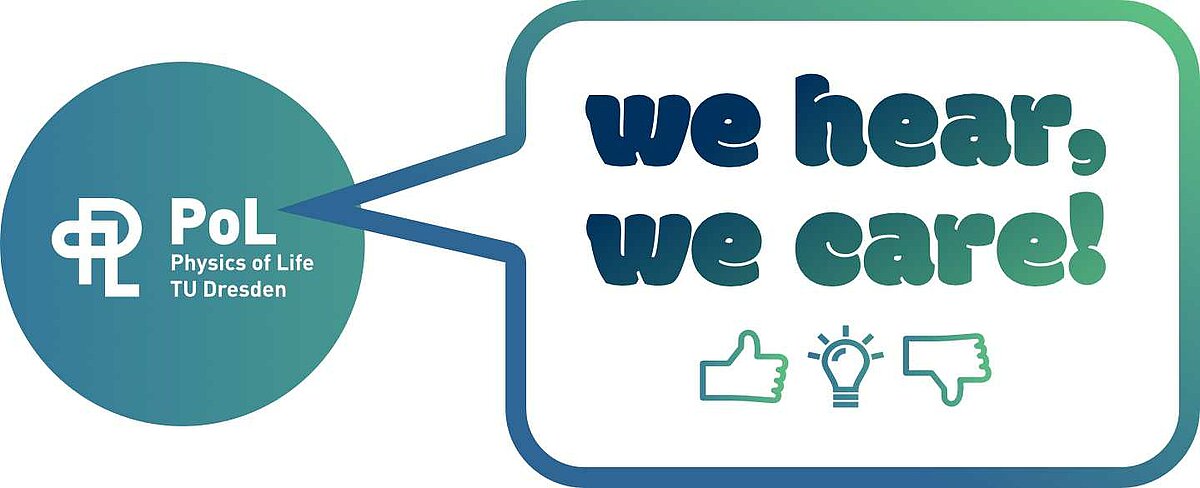 A PoL logo in a circle and a callout box containing the words “we hear, we care!”