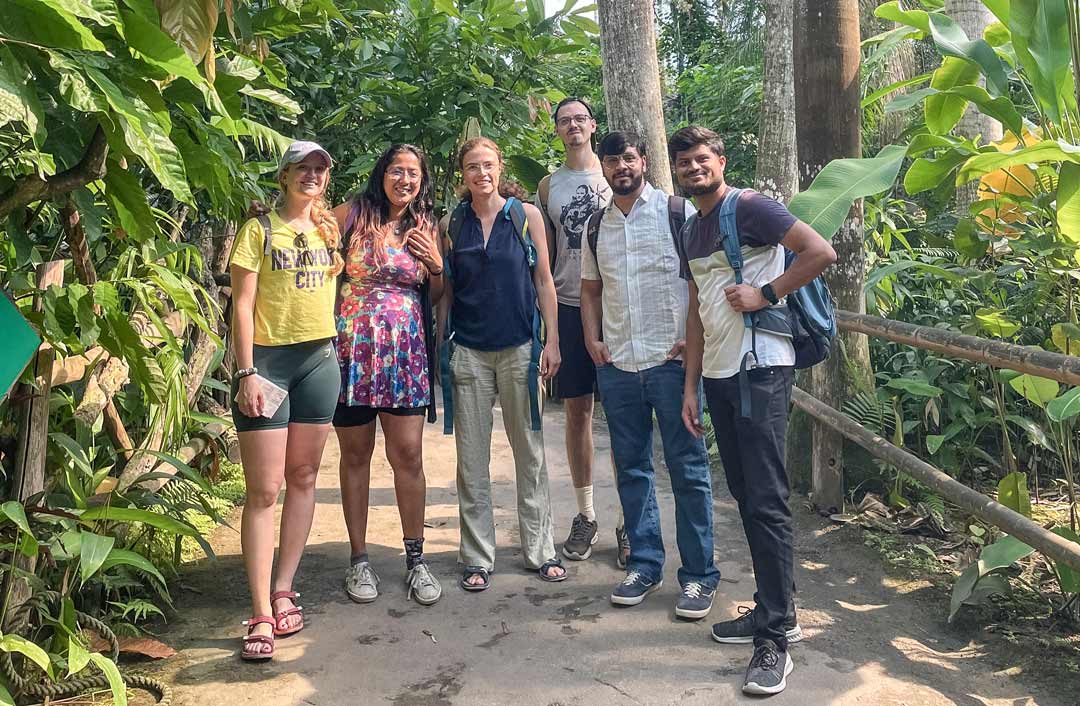 A group of six people standing on a path in a rainforest-like green environment