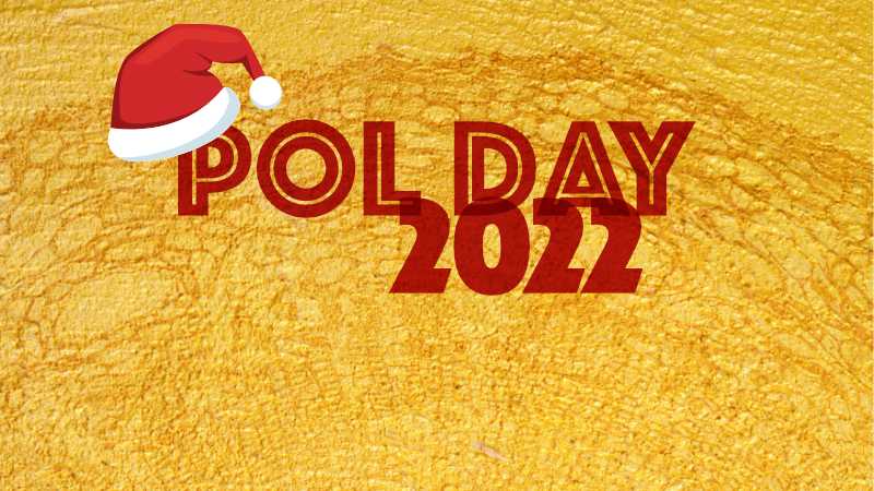An image of plant cells, coloured golden; lettering: POL DAY 2022 and a christmas hat