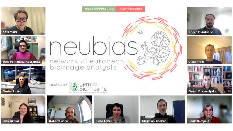 Collage with photos of participants in a video conference. In the middle the logo of “neubias – network of european bioimage analysts”