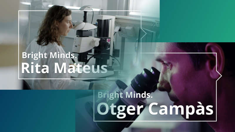 Two video screenshots blurring into each other, both showing one of the scientists at a microscope, together with the words “Bright Minds.” and their respective names