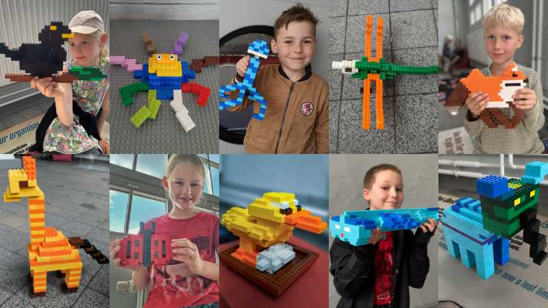 Ten lego animals are shown, including a bird, ladybug, octopus, giraffe, squid, dragonfly, duck, fox, elephant, and fish